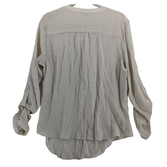 Zac & Rachel Draped Blouse L Cream Split V Neck Roll Tab Sleeve Tunic Button Up - Picture 2 of 9